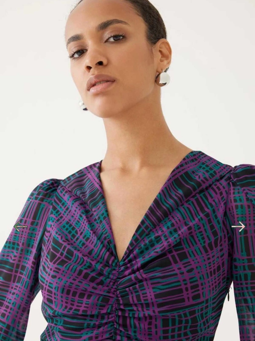 Purple Plaid Long-Sleeve V-Neck Ruched Dress